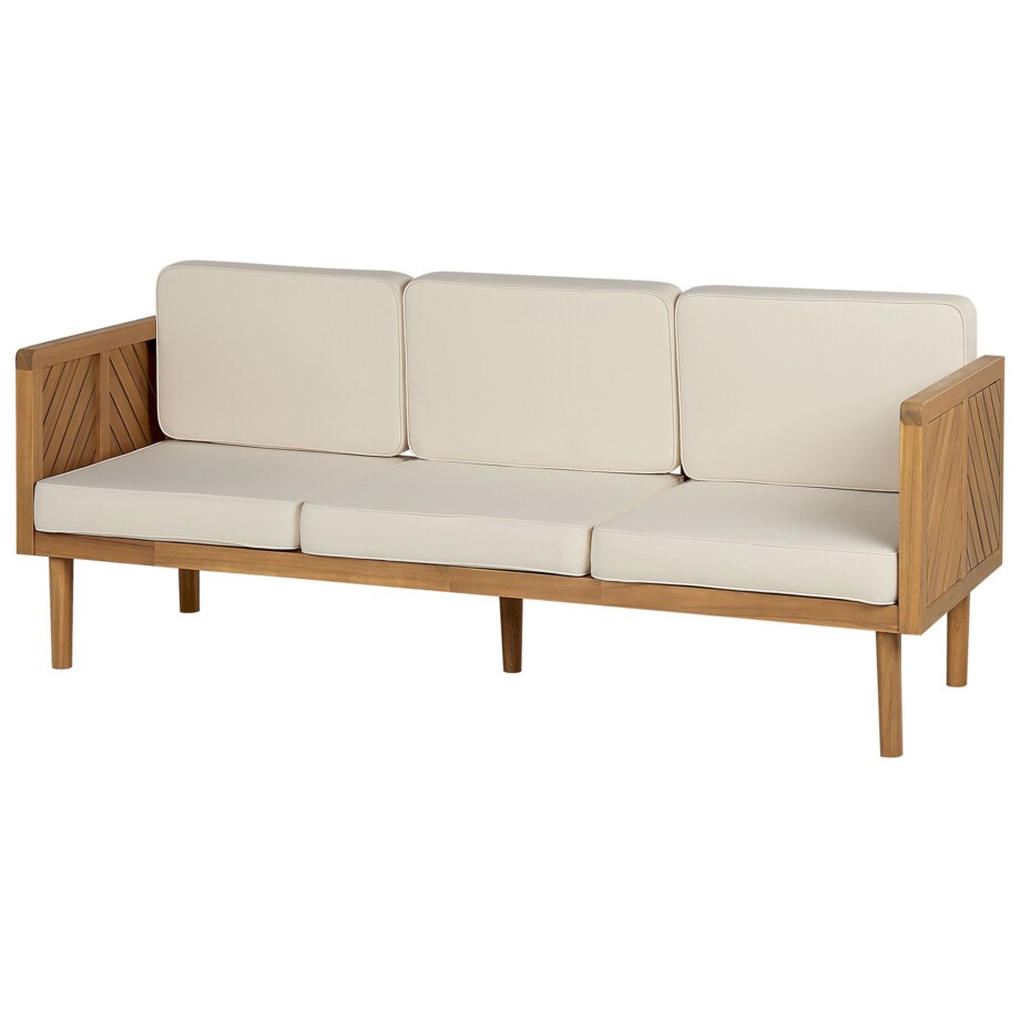 Sofa trzyosobowa z drewna akacjowego z białymi poduszkami BARATTI