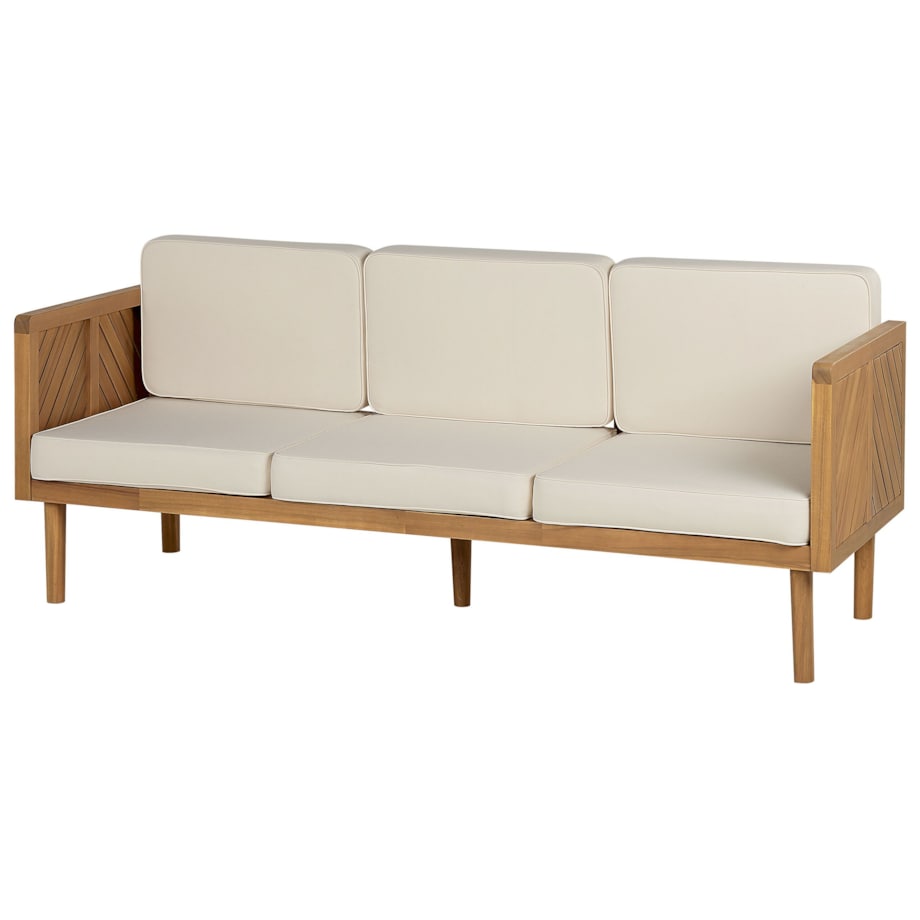 Sofa trzyosobowa z drewna akacjowego z białymi poduszkami BARATTI