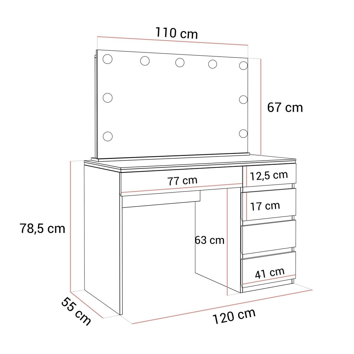 Toaletka AURORA II ELITE z lustrem i oświetleniem biały połysk