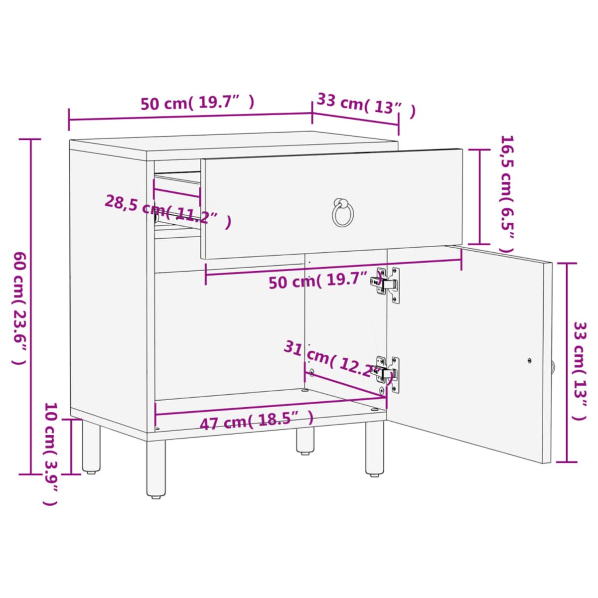 vidaXL Szafka nocna, 50x33x60 cm, lite drewno mango