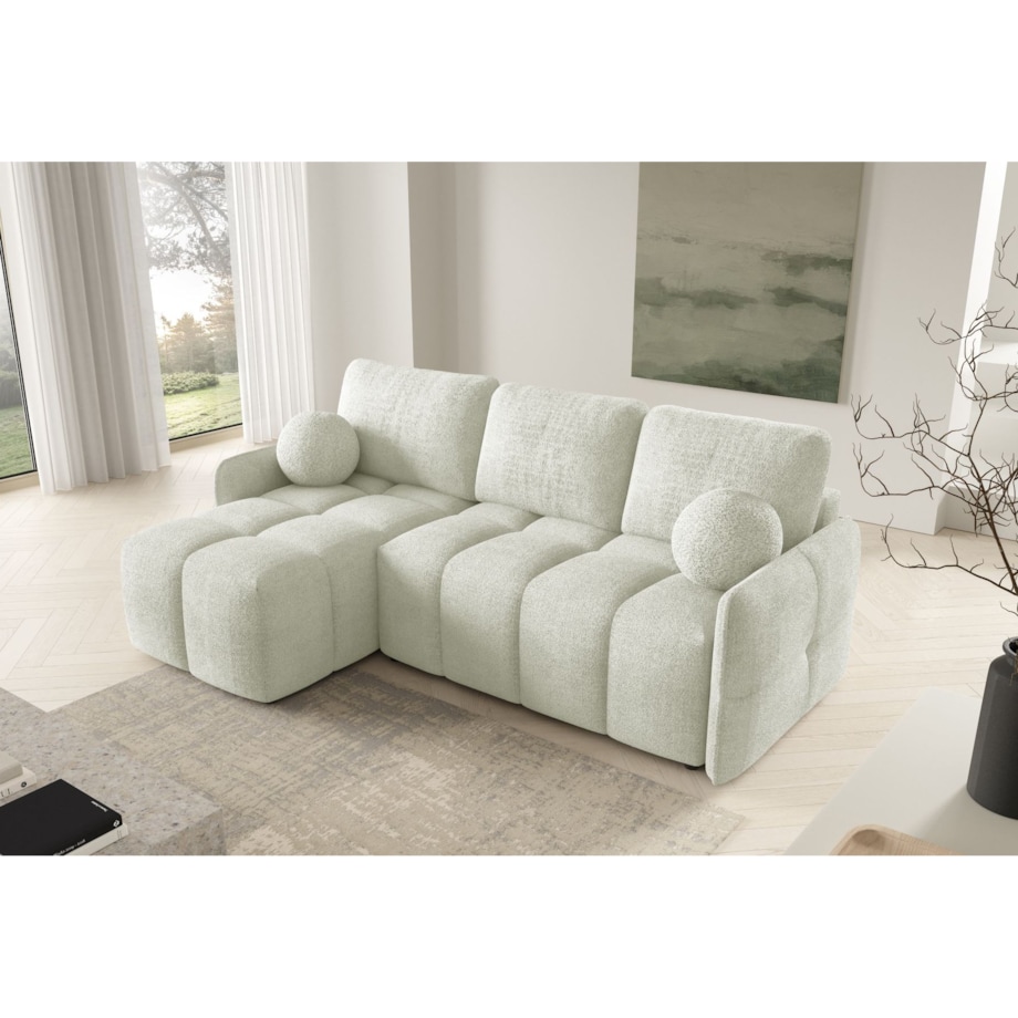 Narożnik MONO z funkcją spania i ozdobnymi poduszkami lewy, ecru