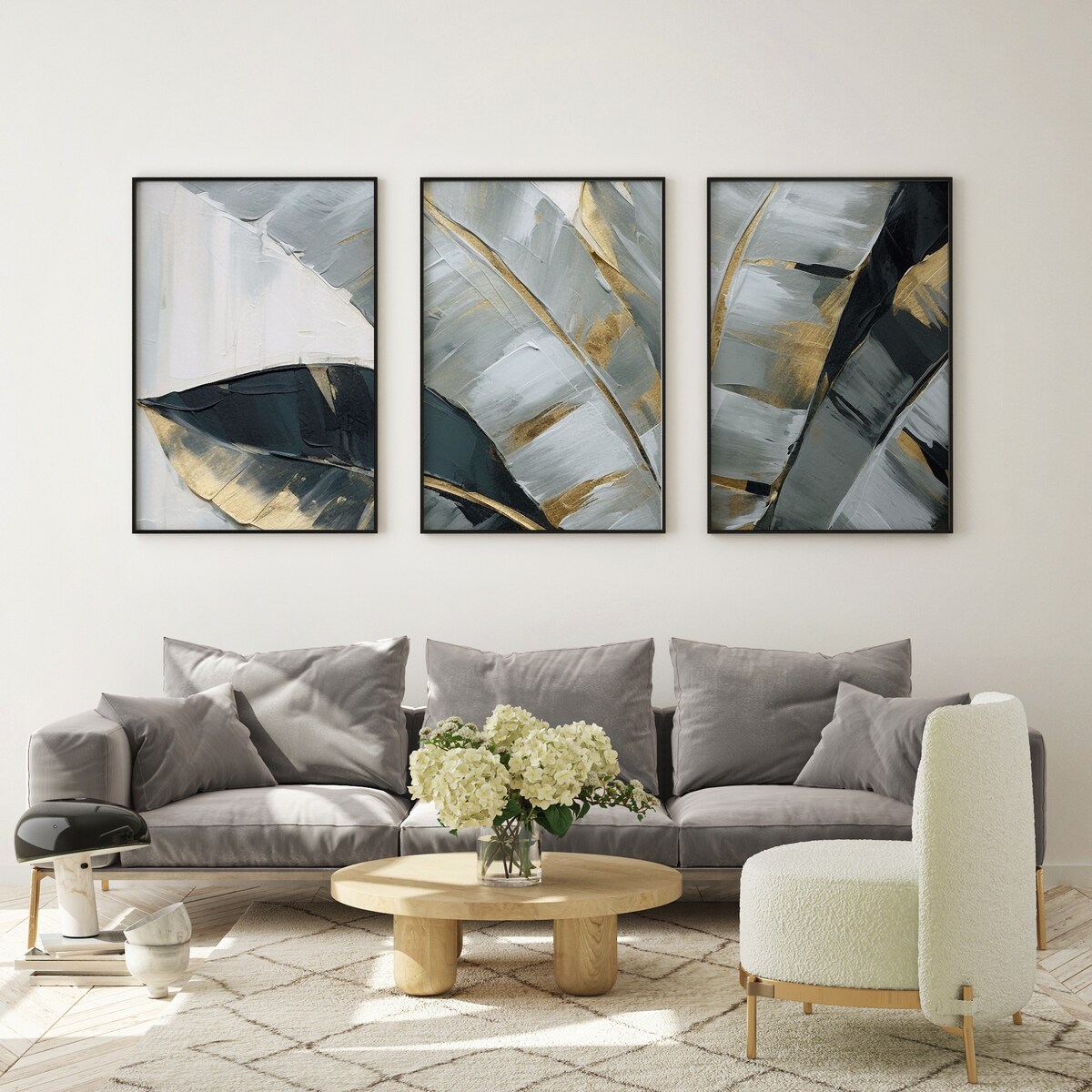 ZESTAW 3X PLAKAT W RAMIE DO SALONU MALOWANE LIŚCIE TROPIKALNE NATURA 60x80cm