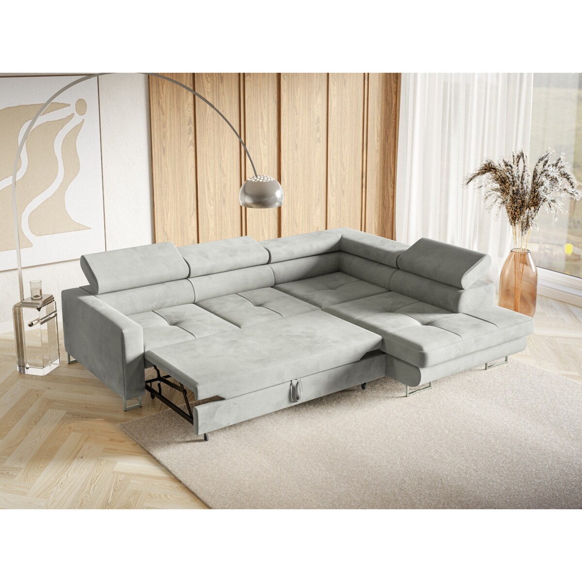 Narożnik rozkładany MERY P z regulowanymi zagłówkami na srebrnych nóżkach