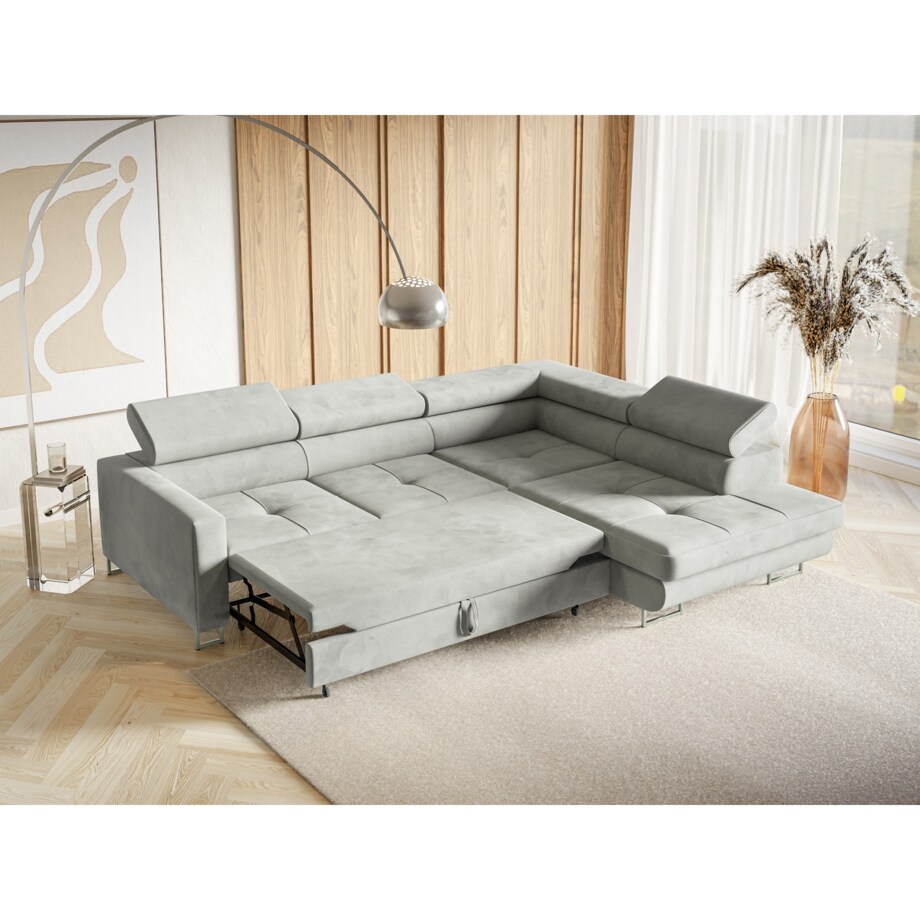 Narożnik rozkładany MERY P z regulowanymi zagłówkami na srebrnych nóżkach