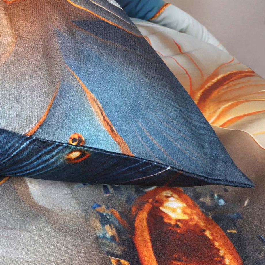 Pościel satyna bawełniana 160x200 Auroria złote kwiaty na niebieskim tle, Satynlove Premium