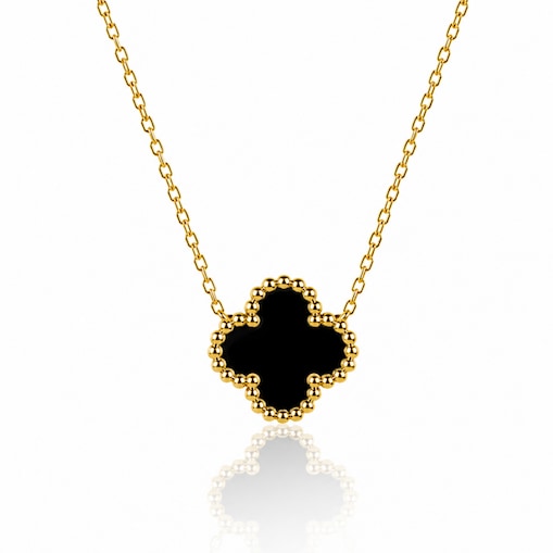 Naszyjnik stal szlachetna pozłacana 14k złotem, koniczynka 13mm, czarna NST2300