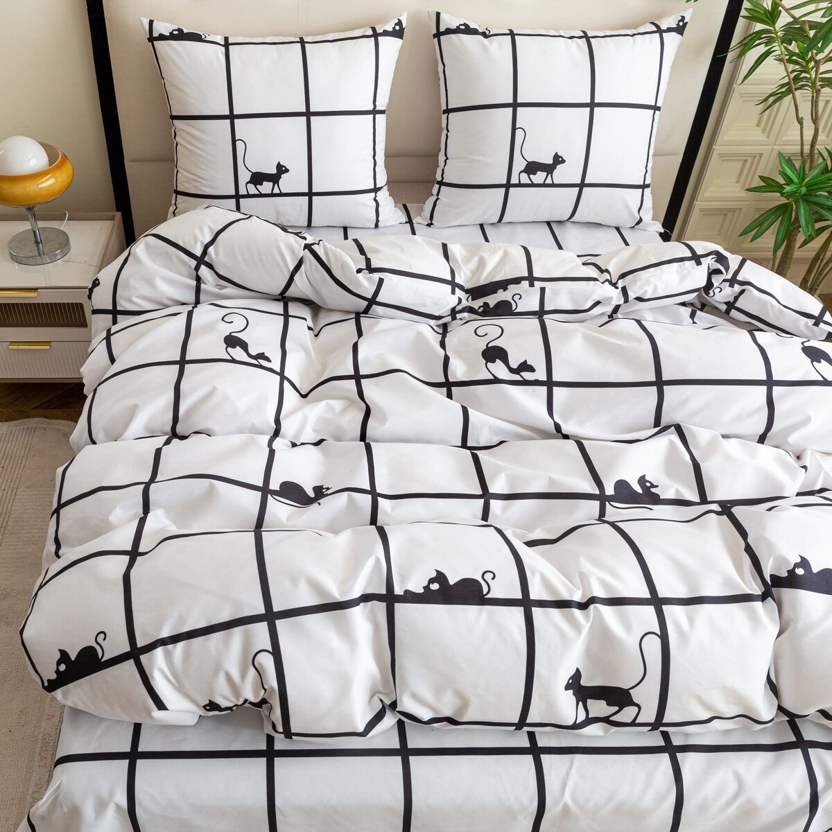 Komplet Pościeli Dwuosobowej Kratka Kot 160X200 Z 2 Poszewkami 70X80