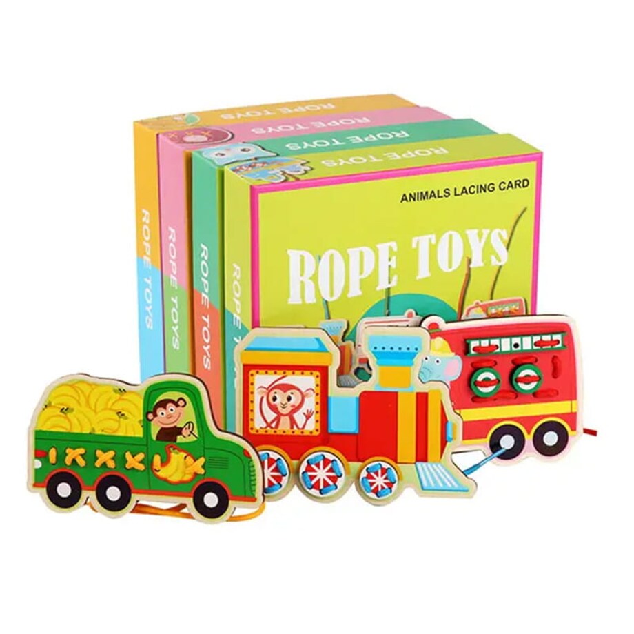 Puzzle drewniane Montessori - sznurówki - nauka wiązania Owoce