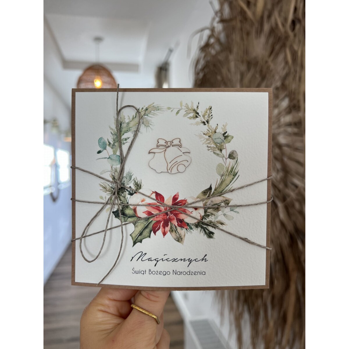 Wyjątkowa stylowa kartka ekologiczna świąteczna + najpiękniejsze życzenia na Boże Narodzenie świąteczny wianek + świąteczne dzwonki