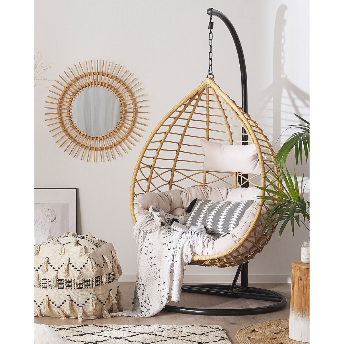 Fotel wiszący ze stojakiem z technorattanu naturalny ARSITA