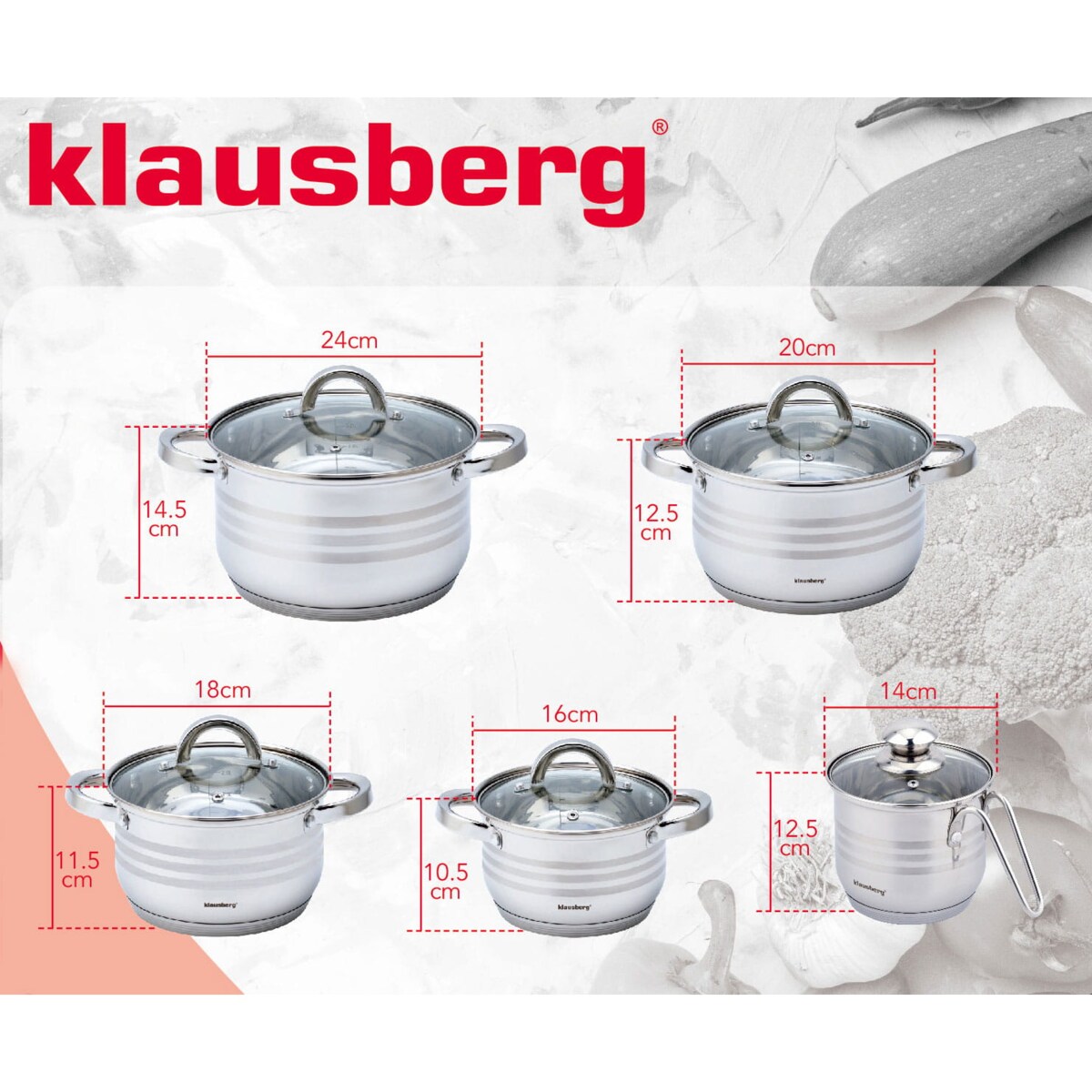 Zestaw garnków stalowych 10 ele. 1.7/2.1/2.9/3.9/6.6L KLAUSBERG