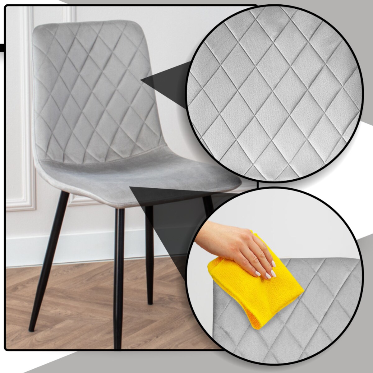 Krzesło szare tapicerowane pikowane welurowe nowoczesne wygodne velvet