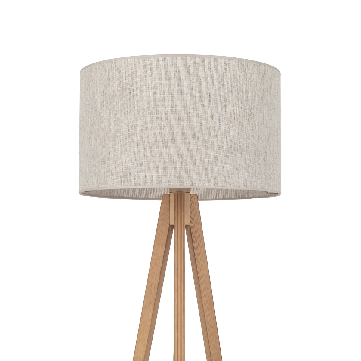 Lampa Podłogowa Drewniana Viga Shade Sosna Trójnóg Lniany Abażur