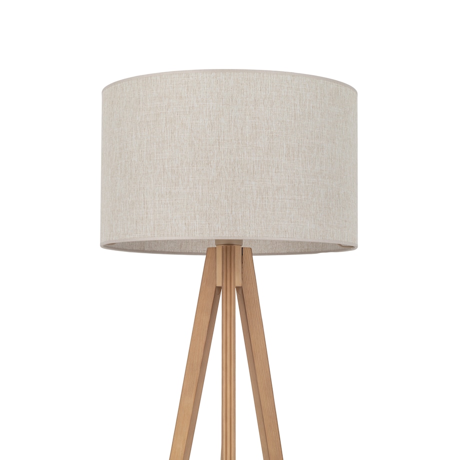 Lampa Podłogowa Drewniana Viga Shade Sosna Trójnóg Lniany Abażur