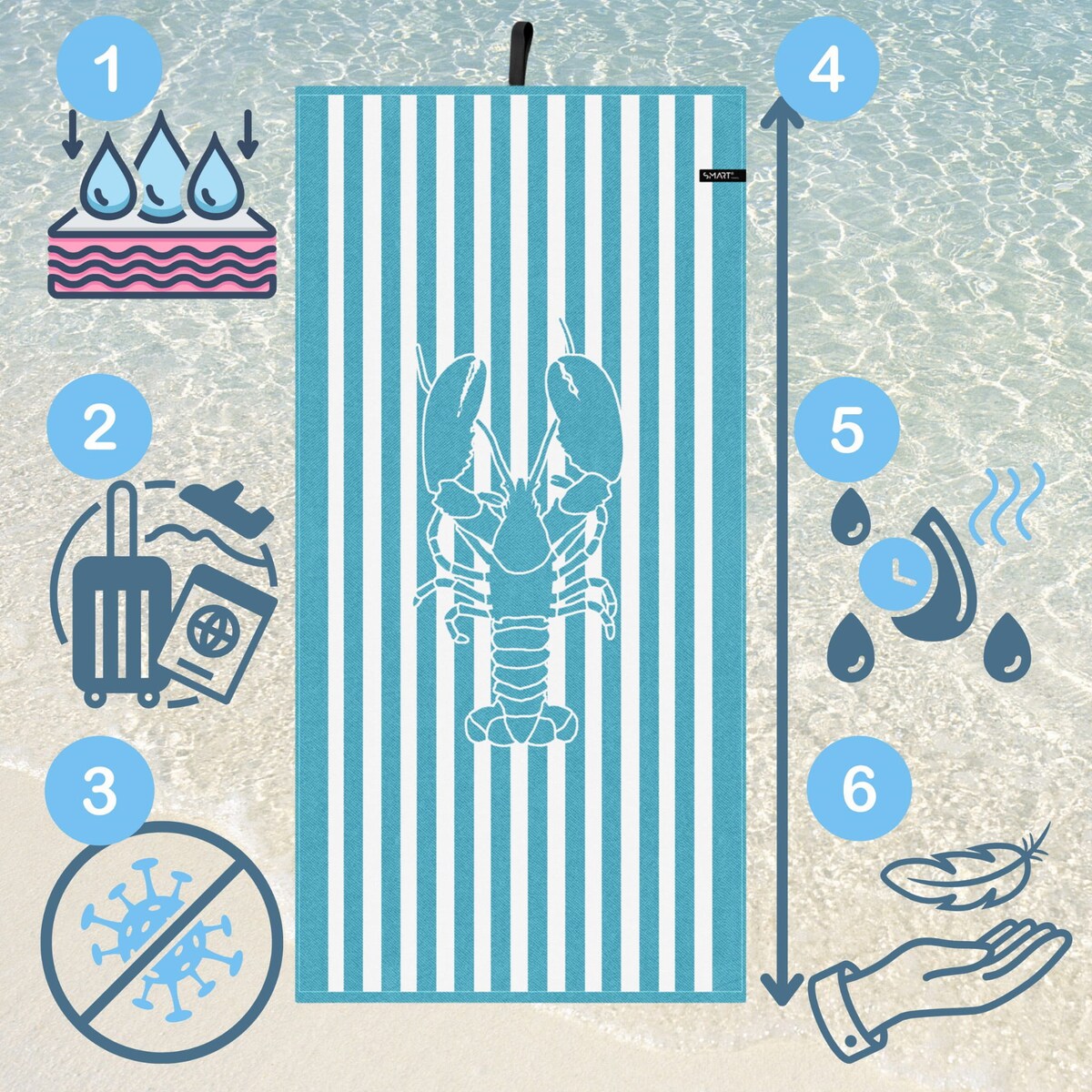 Ręcznik plażowy bambusowy 70x150 cm – niebieski biały lobster homar szybkoschnący cienki