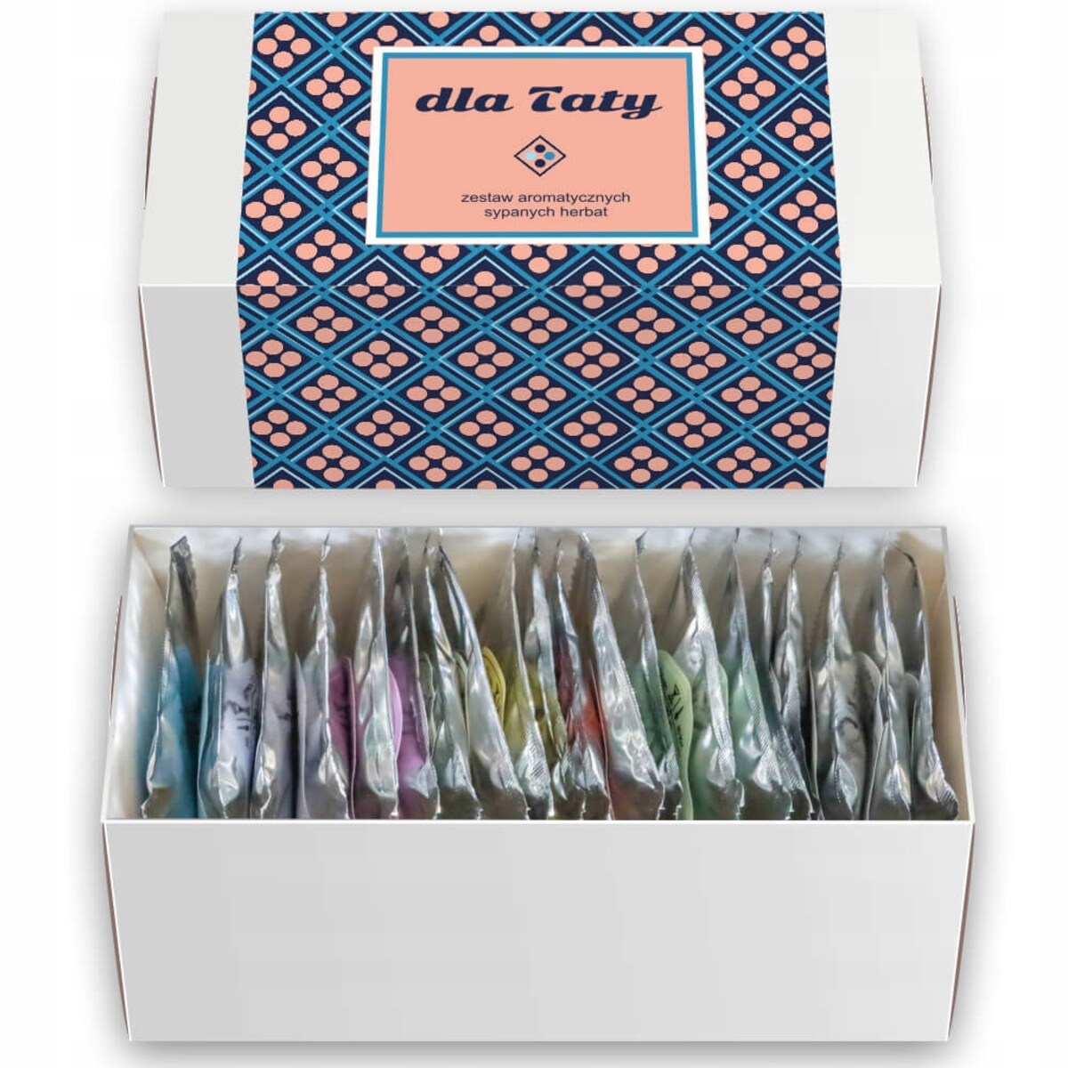 ZESTAW PREZENTOWY UPOMINKOWY BOX - 20 RÓŻNYCH HERBAT SYPANYCH W SASZETKACH - PREZENT UPOMINEK DLA TATY TEŚCIA NA DZIEŃ OJCA URODZINY