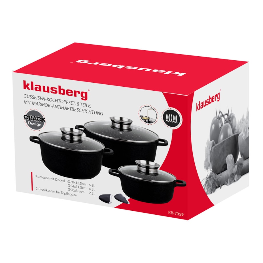 Zestaw 3 garnków z powłoką granitową 2.5l/4.3l/6.8L 8 ele KLAUSBERG crack design