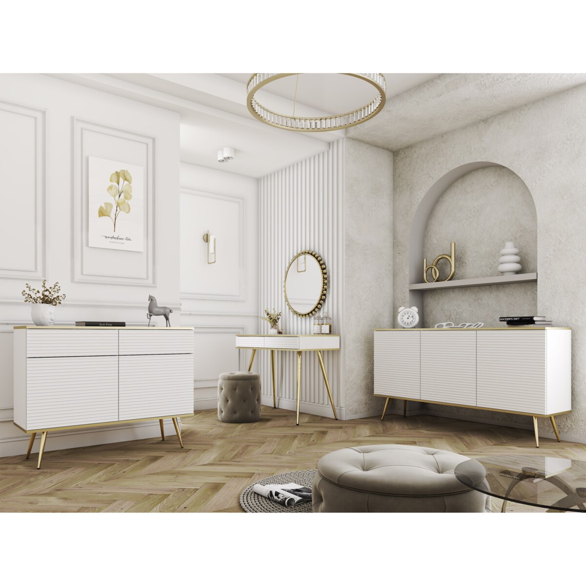 Komoda 160 POLO na wysokich złotych nożach, ryflowane fronty, biała