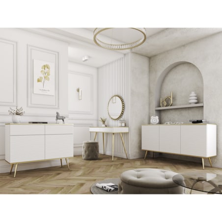 Komoda 160 POLO na wysokich złotych nożach, ryflowane fronty, biała