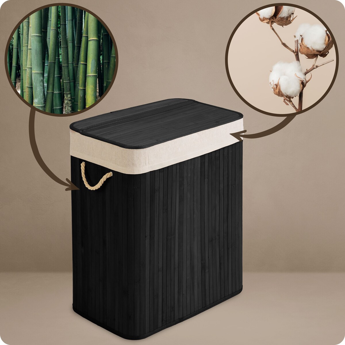 Massido, bambusowy kosz na pranie z pokrywą dwukomorowy 100l, czarny 61x54x34 cm