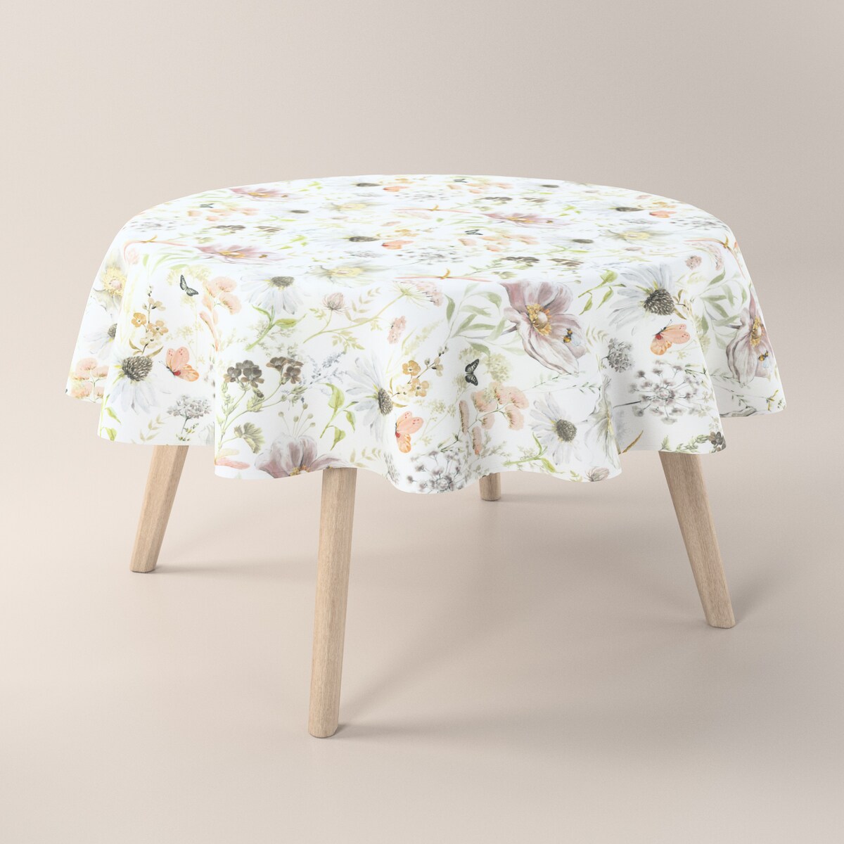 Obrus okrągły 130 x 130 cm pastelowe kwiaty na białym tle