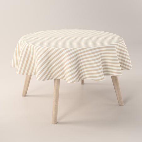 Obrus okrągły 160 x 160 cm beżowo-białe pasy (1,5cm)