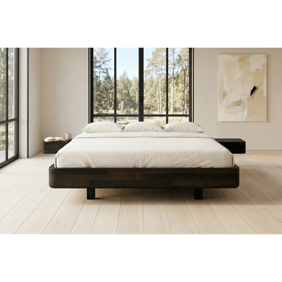 Łóżko lewitujące drewniane bukowe Visby LENA FLAT z szafkami / 200x200 cm, kolor palisander
