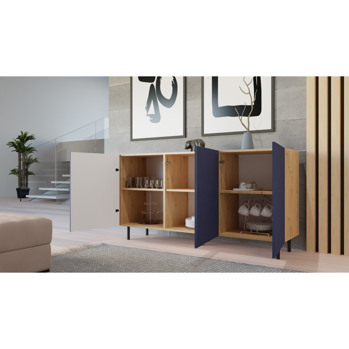 KOMODA KAMA3 SLIM RYFLOWANY FRONT LAMELE GRANATOWY