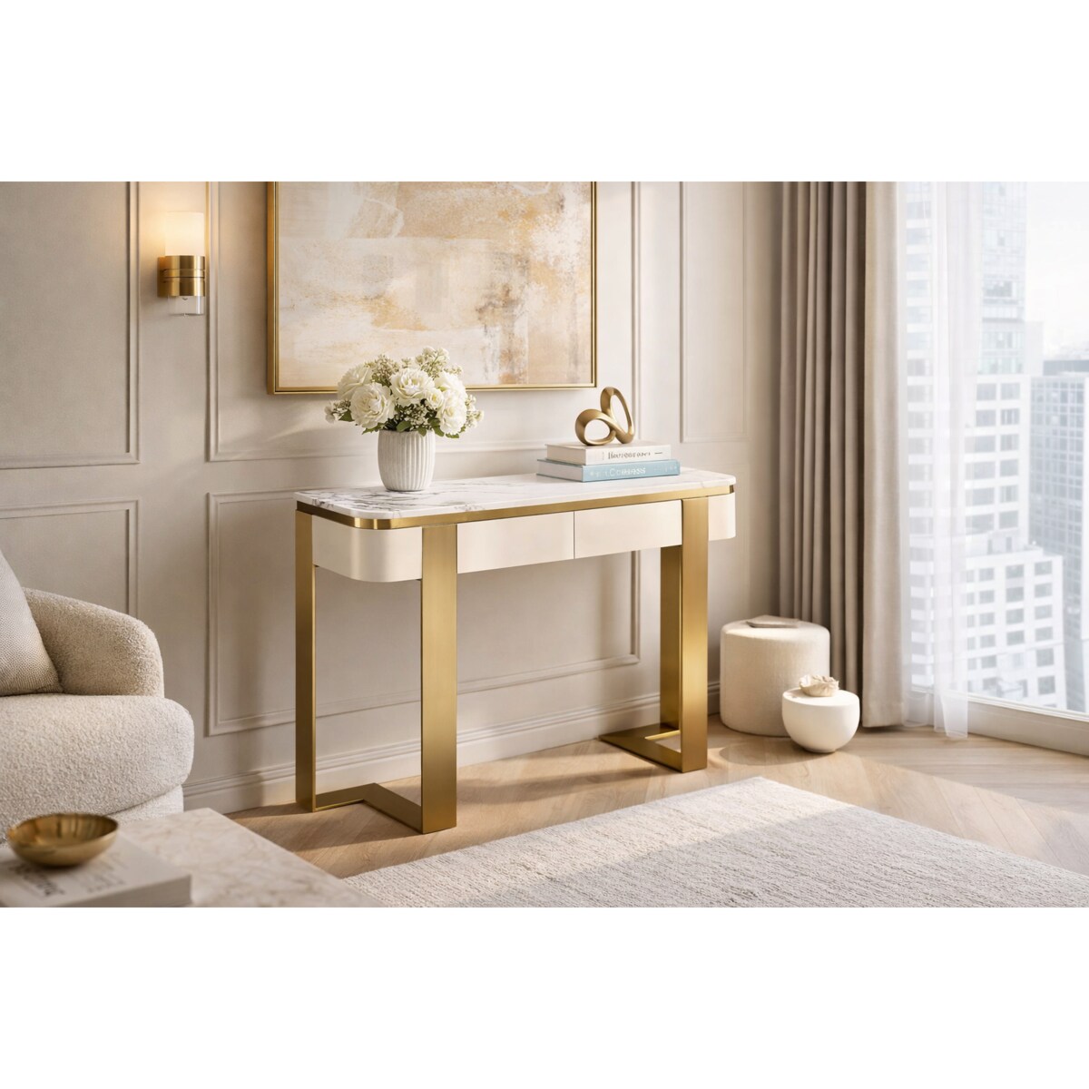 Konsola glamour z marmurem i szufladami Sofia 120x38x85