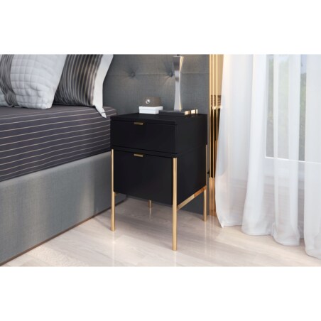 Elegancka czarna szafka nocna Skandica POLKA na złotych nóżkach