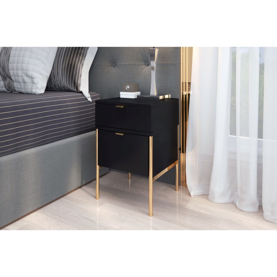 Elegancka czarna szafka nocna Skandica POLKA na złotych nóżkach