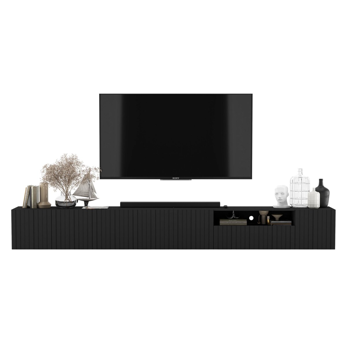 Wisząca Szafka RTV Glamour Komoda RTV Czarny Mat Ryflowane fronty 300 cm