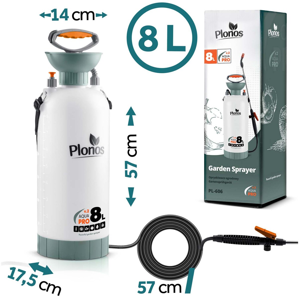 Opryskiwacz ciśnieniowy ręczny Plonos PL-606 duży 8l ogrodowy regulowana lanca dysza
