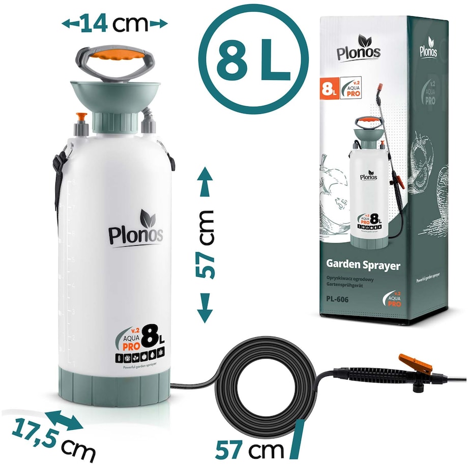 Opryskiwacz ciśnieniowy ręczny Plonos PL-606 duży 8l ogrodowy regulowana lanca dysza