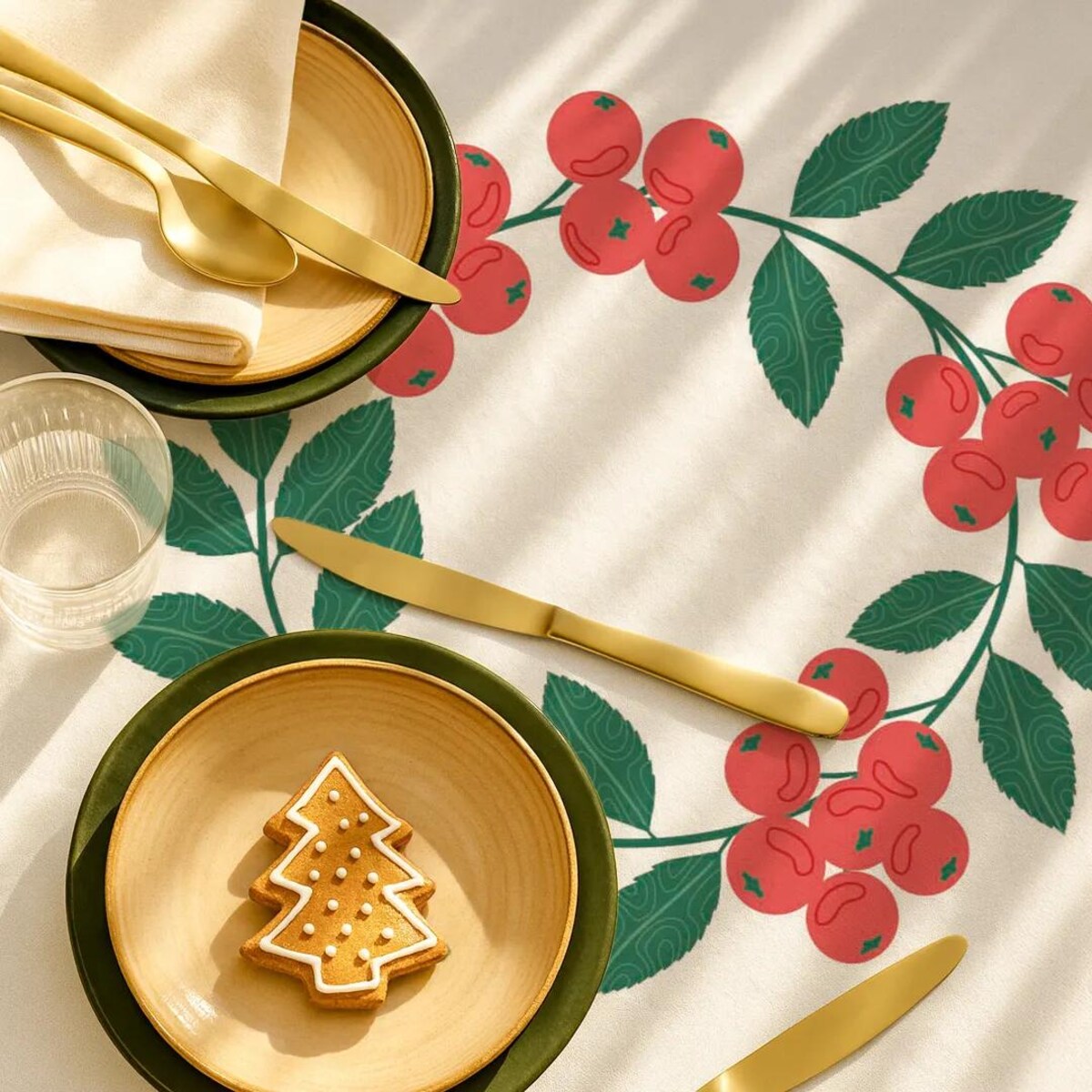 Obrus świąteczny - jarzębinowy wieniec - 140x320