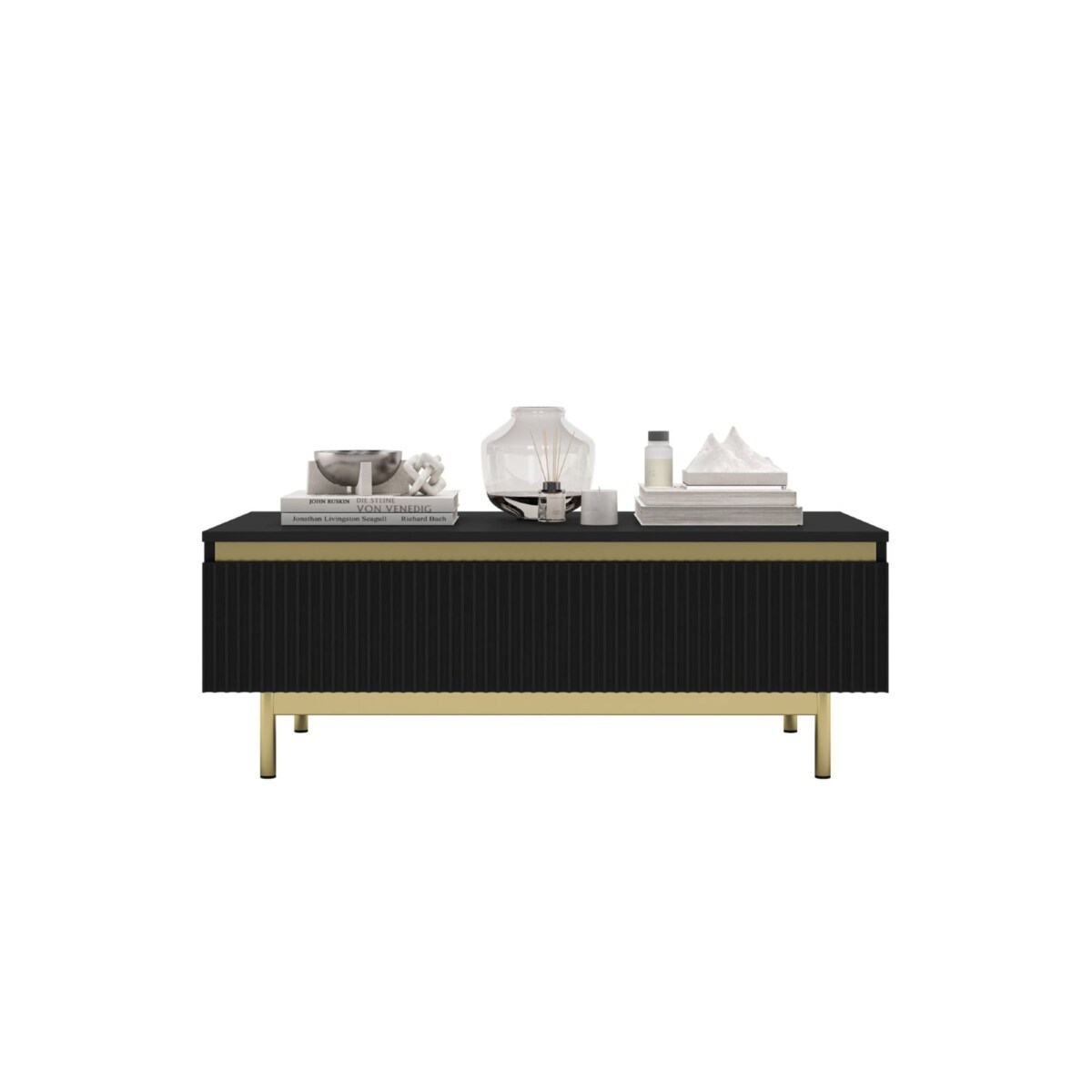 Stolik kawowy Glamour prostokątny elegancka ława Czarny Mat Stelaż w złotym kolorze 109 cm