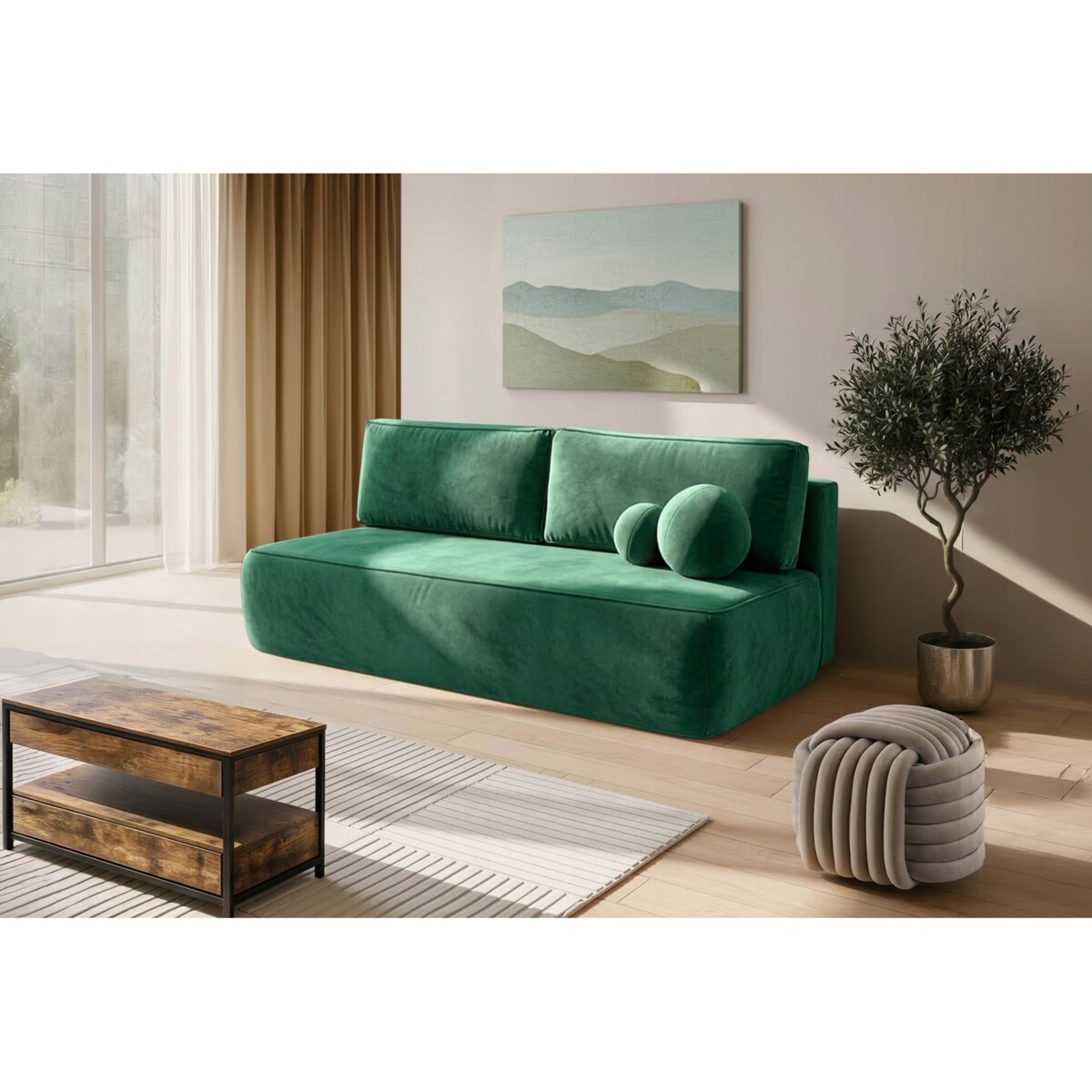 Sofa rozkładana 2-osobowa z funkcją spania do salonu zielona ARVETO