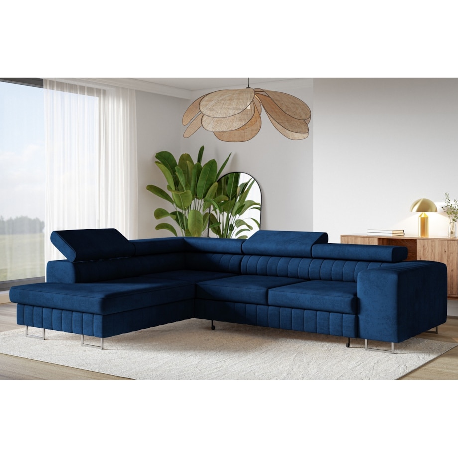 Narożnik NOLA do salonu, na srebrnych nogach-lewostronny-Kronos granatowy