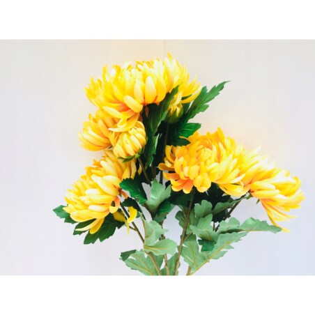 BUKIET DUŻY chryzantemy ŻÓŁTE sztuczne LIŚCIE do flakonu na cmentarz grób