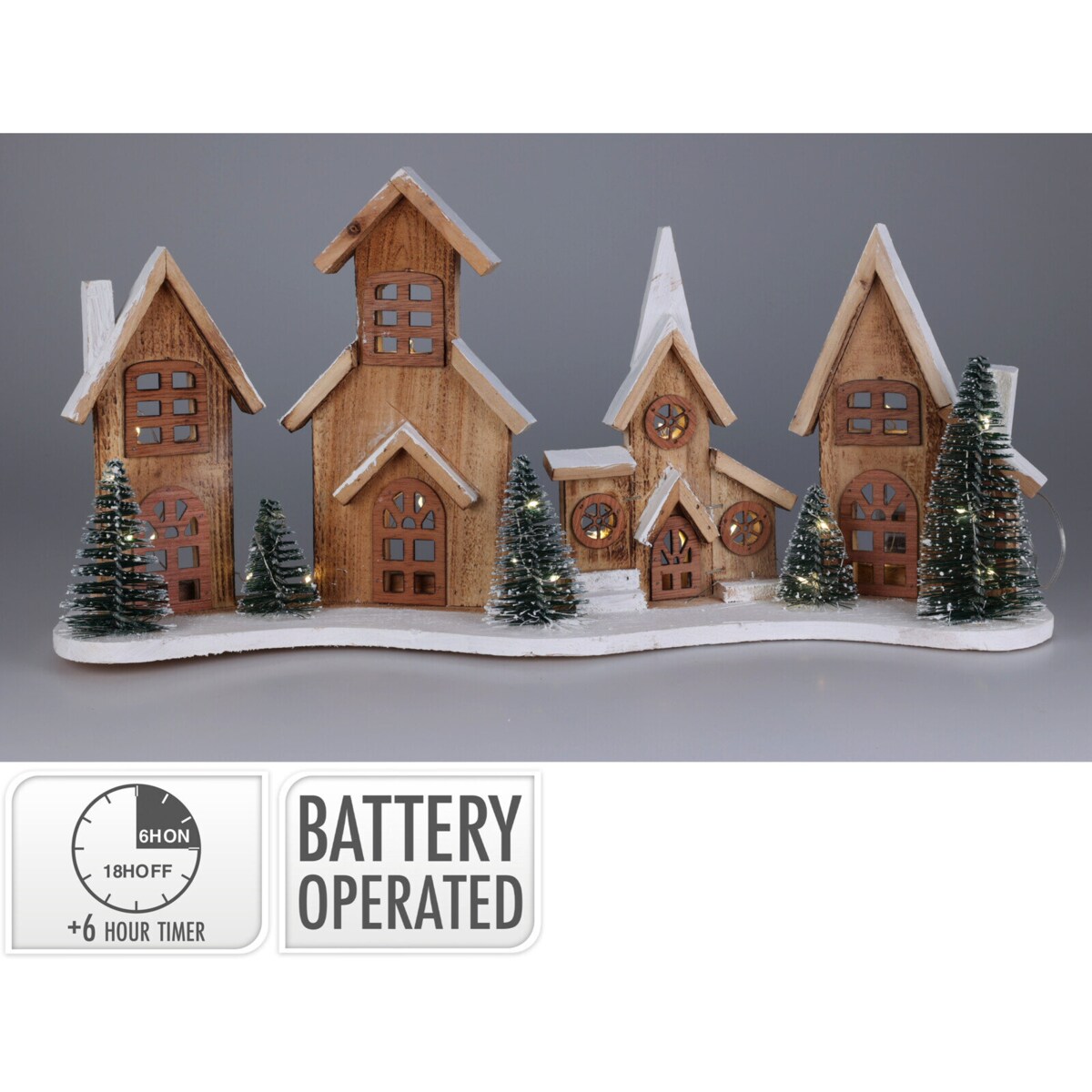 Figurka z drewna jodłowego z LED Domki, 56 x 27 cm