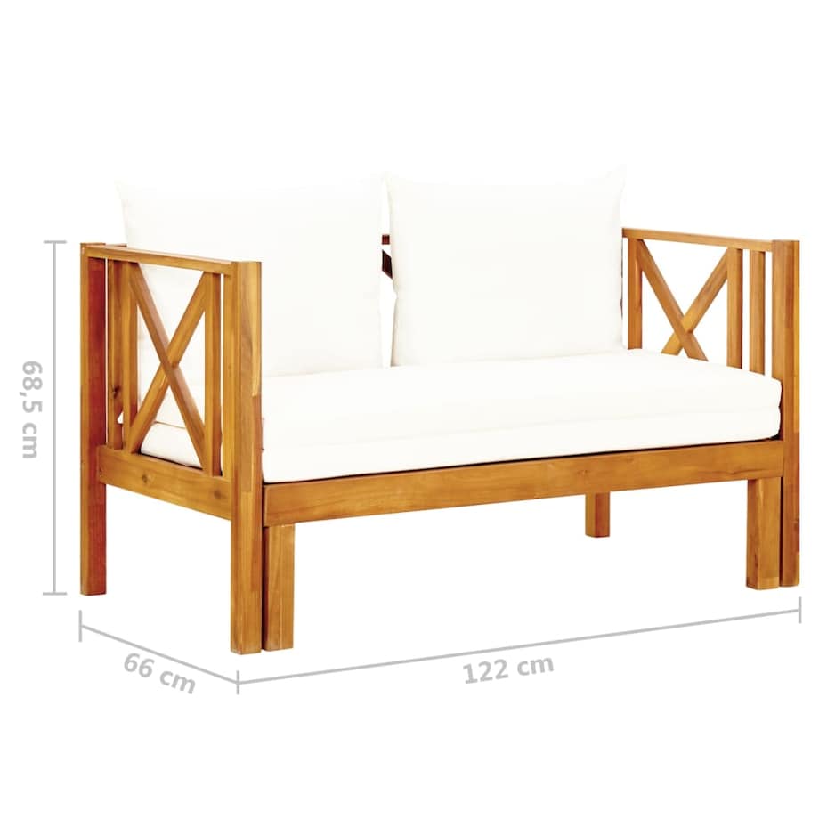 vidaXL 2-osobowa ławka ogrodowa z poduszkami, 122 cm, drewno akacjowe