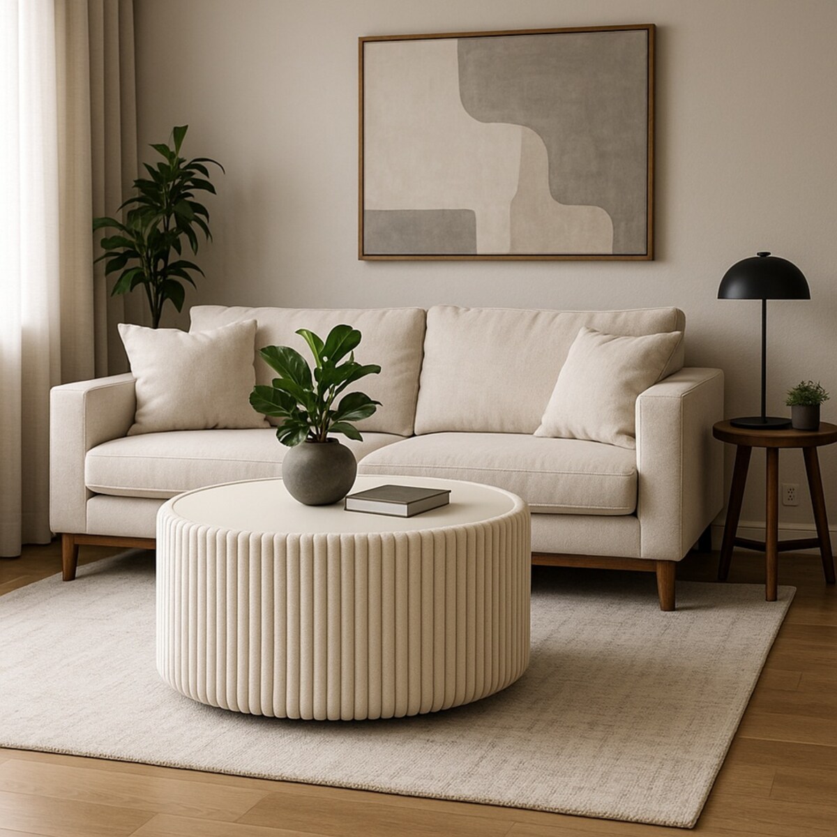 Stolik okrągły kawowy tapicerowany MIJA w tkaninie Tilia, śmietankowy