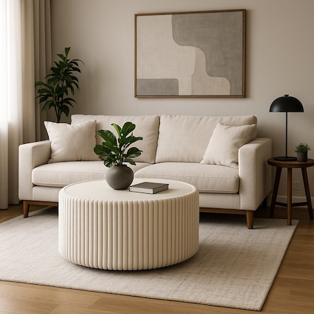 Stolik okrągły kawowy tapicerowany MIJA w tkaninie Tilia, śmietankowy