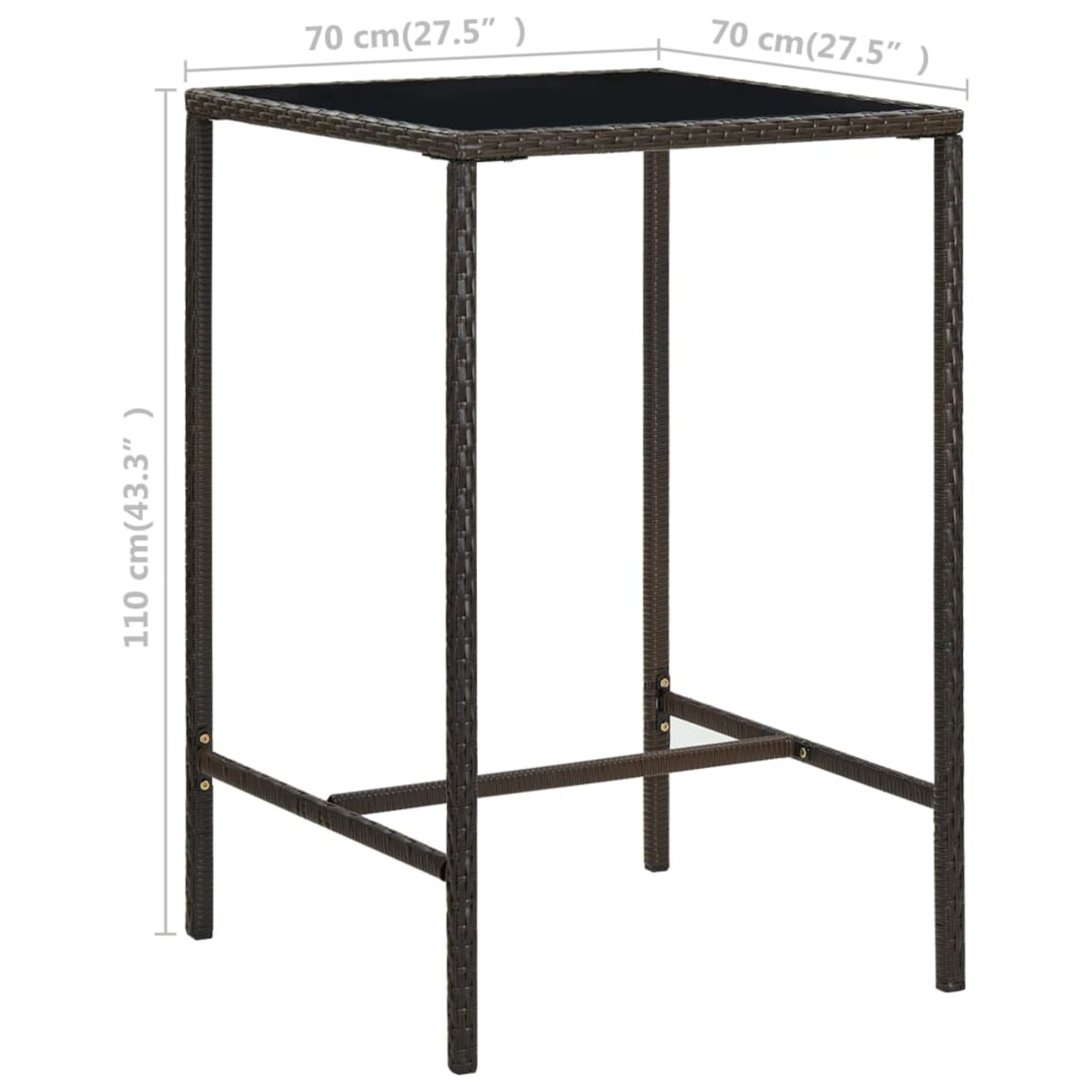 vidaXL Ogrodowy stolik barowy, brązowy, 70x70x110cm, rattan PE i szkło