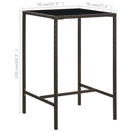 vidaXL Ogrodowy stolik barowy, brązowy, 70x70x110cm, rattan PE i szkło