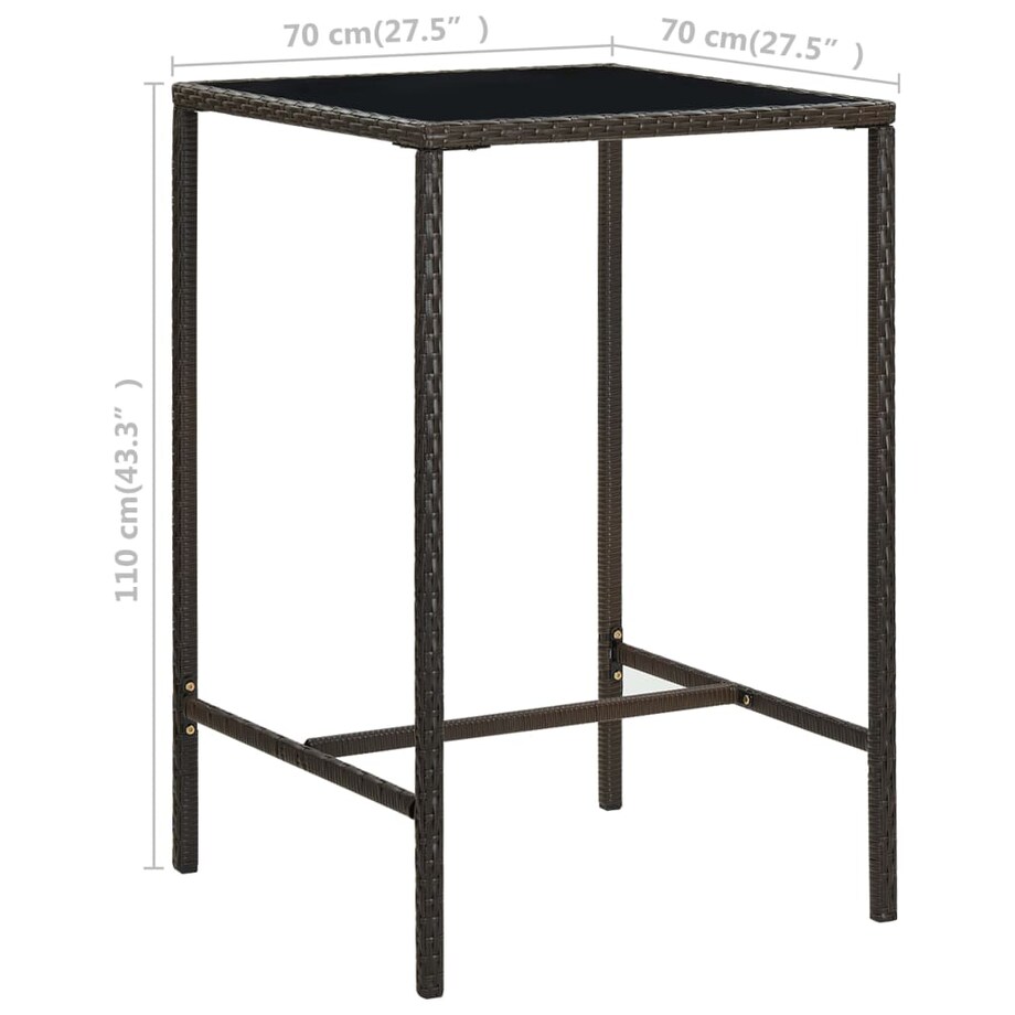 vidaXL Ogrodowy stolik barowy, brązowy, 70x70x110cm, rattan PE i szkło