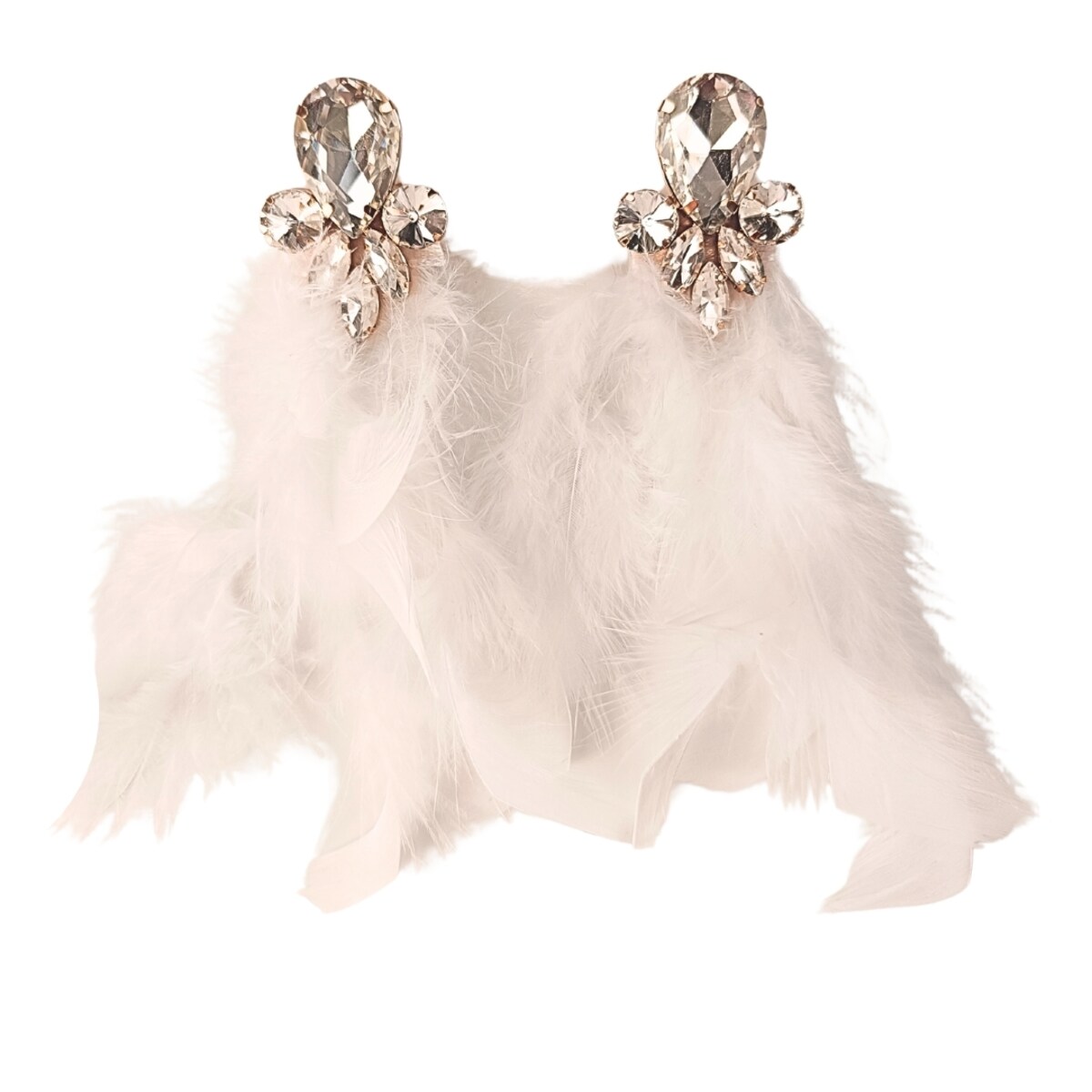 ZŁOTE białe kolczyki z piórami długie lekkie wiszące sztyfty kryształowe