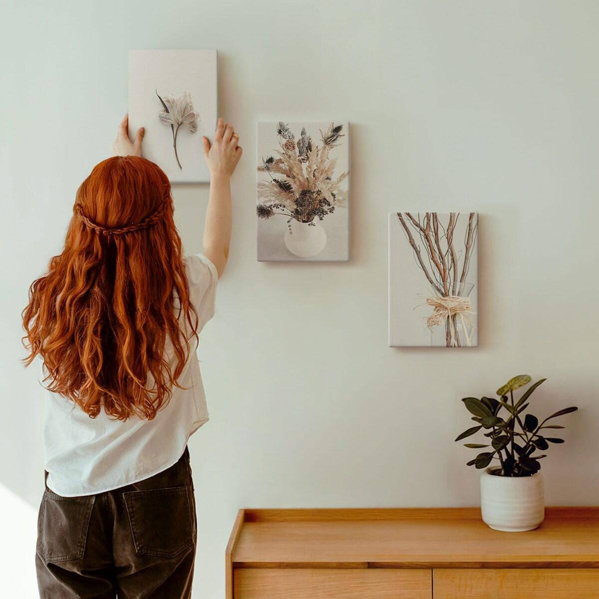 Zestaw 3 małych obrazów na płótnie - Kwiaty gałęzie minimalistycznie - beżowy