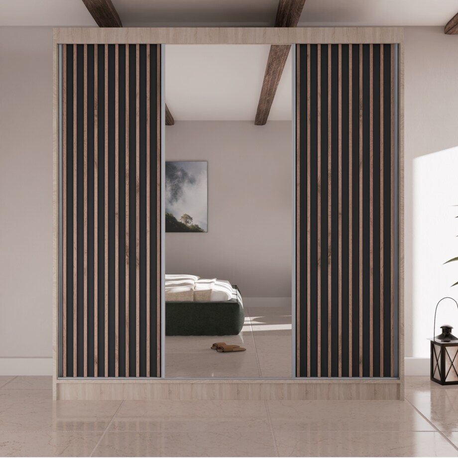 Szafa przesuwna lamele V200 z lustrem i szufadami-sonoma+czary front