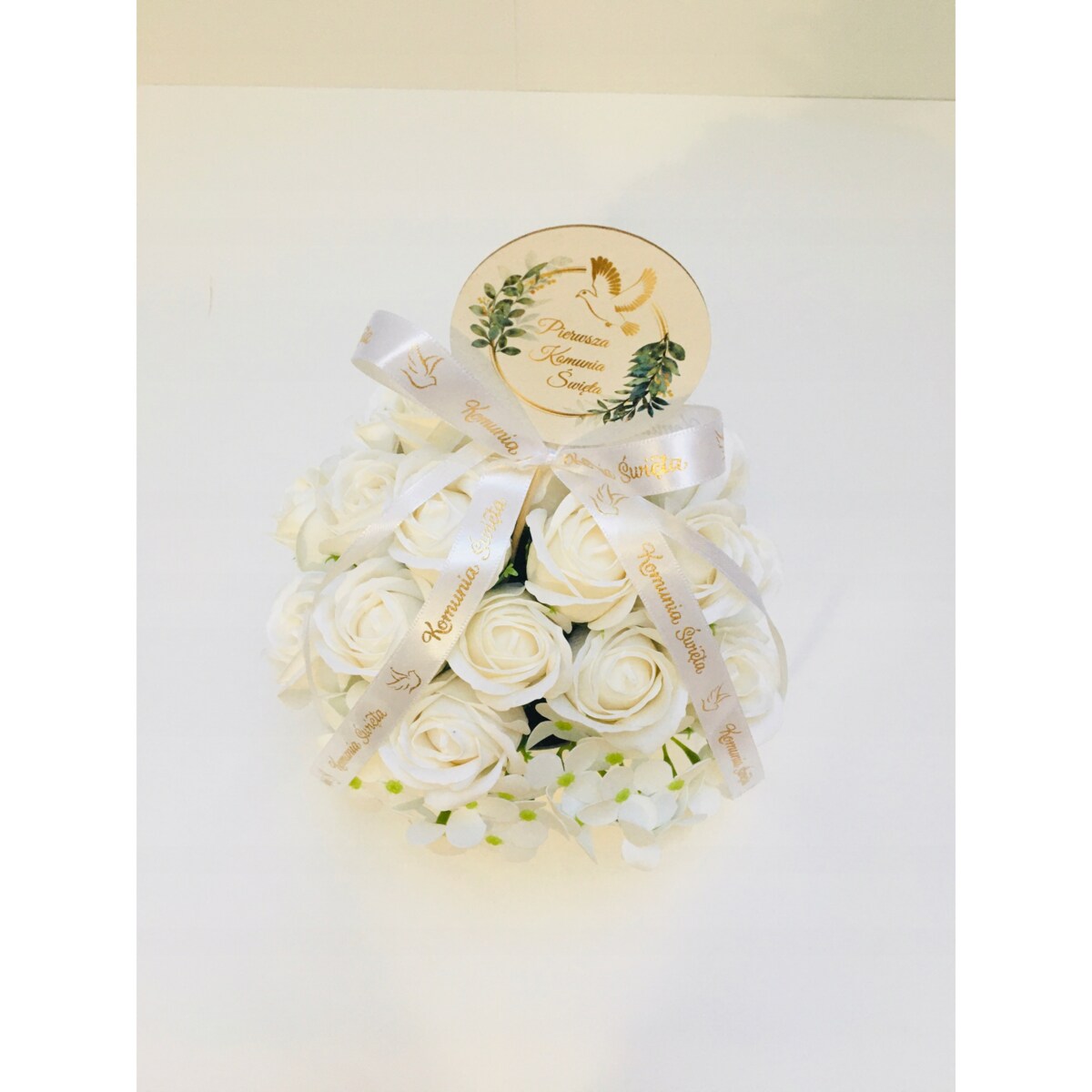 RÓŻE mydlane BIAŁE w srebrnym pudełku na I KOMUNIA ŚWIĘTA prezent pamiątka
